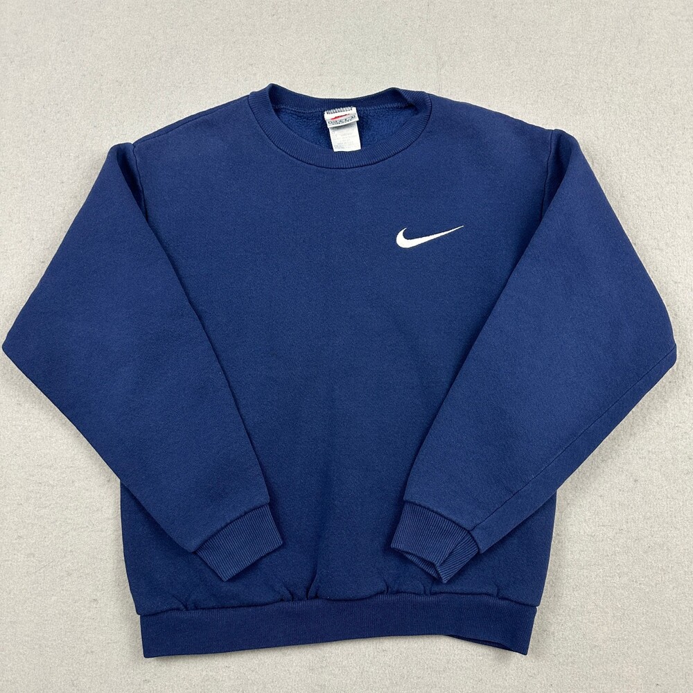 Vintage Nike Sweatshirt Boys Large Blue Solid Pullover Baby Swoosh Crewneck 90s